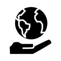 Globe on hand black glyph icon. Supporting planet. Holding world. Saving Earth. Environmental friendly. Conservation. Silhouette symbol on white space. Solid pictogram. Vector isolated illustration