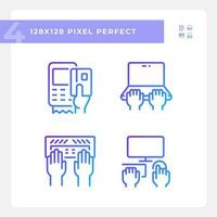 Hands using devices pixel perfect gradient linear vector icons set. Opportunity for technology users. Computing. Thin line contour symbol designs bundle. Isolated outline illustrations collection