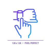 Hand with smart watch pixel perfect gradient linear vector icon. Digital wristwatch with useful appliances. Thin line color symbol. Modern style pictogram. Vector isolated outline drawing