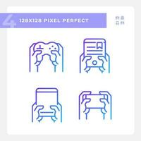 Hands with amusing gadgets pixel perfect gradient linear vector icons set. Digital devices for entertainment. Thin line contour symbol designs bundle. Isolated outline illustrations collection