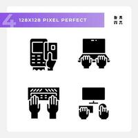 Hands using devices pixel perfect black glyph icons set on white space. Opportunity for technology users. Computing development. Silhouette symbols. Solid pictogram pack. Vector isolated illustration