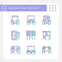 Hands using gadgets pixel perfect gradient linear vector icons set. Technology of business and entertainment. Thin line contour symbol designs bundle. Isolated outline illustrations collection