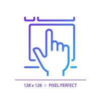 Hand with touchpad pixel perfect gradient linear vector icon. Finger touching controller surface. Digital technology. Thin line color symbol. Modern style pictogram. Vector isolated outline drawing