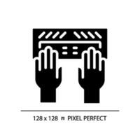 Hands with Braille keyboard pixel perfect black glyph icon. Equipment for users with eyesight problems. Blind support. Silhouette symbol on white space. Solid pictogram. Vector isolated illustration
