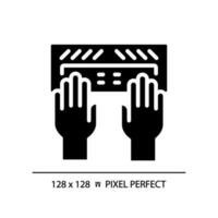 Hands with Braille keyboard pixel perfect black glyph icon. Equipment for users with eyesight problems. Blind support. Silhouette symbol on white space. Solid pictogram. Vector isolated illustration