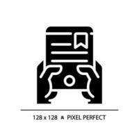 Hand with ebook pixel perfect black glyph icon. Reading via electronic device. Access to digital library. Silhouette symbol on white space. Solid pictogram. Vector isolated illustration