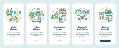 Careers in advocacy onboarding mobile app screen. Lawyer jobs walkthrough 5 steps editable graphic instructions with linear concepts. UI, UX, GUI templated vector