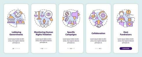 Forms of advocacy onboarding mobile app screen. Legal support walkthrough 5 steps editable graphic instructions with linear concepts. UI, UX, GUI templated vector