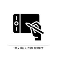 Hand with graphic tablet pixel perfect black glyph icon. Designer instrument. Digital device for artworks creation. Silhouette symbol on white space. Solid pictogram. Vector isolated illustration