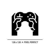 Hands with controller pixel perfect black glyph icon. Person playing video game with joystick. Technology of amusement. Silhouette symbol on white space. Solid pictogram. Vector isolated illustration