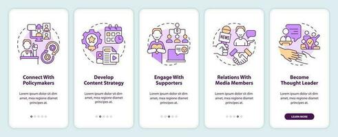 Social media strategies for advocacy onboarding mobile app screen. Walkthrough 5 steps editable graphic instructions with linear concepts. UI, UX, GUI templated vector