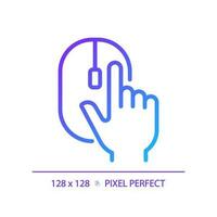 Hand with computer mouse pixel perfect gradient linear vector icon. Computer controller device. Clicking PC accessory. Thin line color symbol. Modern style pictogram. Vector isolated outline drawing