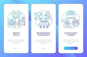 GCED goals blue gradient onboarding mobile app screen. Sustainable development walkthrough 3 steps graphic instructions with linear concepts. UI, UX, GUI templated vector