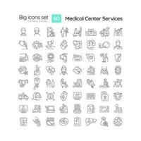 Medical center services linear icons set. Primary healthcare. Urgent care. Hospital consultancy. Customizable thin line symbols. Isolated vector outline illustrations. Editable stroke