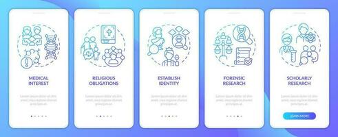 Genealogical research motivation blue gradient onboarding mobile app screen. Walkthrough 5 steps graphic instructions with linear concepts. UI, UX, GUI templated vector