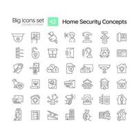 Home security linear icons set. Smart house. Alarm system. Crime prevention. Family protection. Customizable thin line symbols. Isolated vector outline illustrations. Editable stroke