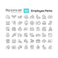 Employee perks linear icons set. Incentive program. Work environment. Increase productivity. Reward system. Customizable thin line symbols. Isolated vector outline illustrations. Editable stroke
