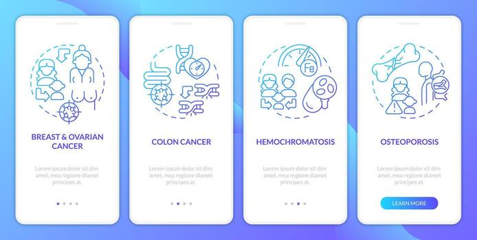 hereditario crónico enfermedades azul degradado inducción móvil aplicación pantalla. recorrido 4 4 pasos gráfico instrucciones con lineal conceptos. ui, ux, gui plantilla vector