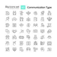 Communication type linear icons set. Social interaction. Project management. Information transmission. Customizable thin line symbols. Isolated vector outline illustrations. Editable stroke