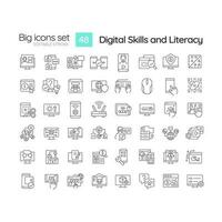 Digital skills and literacy linear icons set. Computer programming. Cyber citizenship. Online safety. Customizable thin line symbols. Isolated vector outline illustrations. Editable stroke