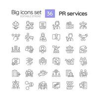 PR services linear icons set. Public relations. Social media. Marketing agency. Effective communication. Customizable thin line symbols. Isolated vector outline illustrations. Editable stroke