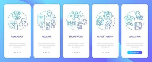 Genograms usage blue gradient onboarding mobile app screen. Relationships. Walkthrough 5 steps graphic instructions with linear concepts. UI, UX, GUI templated vector