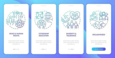 GCED issues blue gradient onboarding mobile app screen. Global citizenship walkthrough 4 steps graphic instructions with linear concepts. UI, UX, GUI templated vector