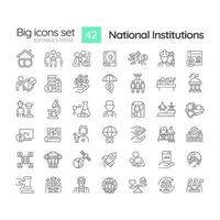 National institutions linear icons set. Patterns of behavior. Social system. Society framework. Customizable thin line symbols. Isolated vector outline illustrations. Editable stroke