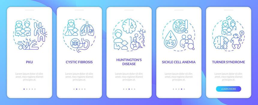 hereditario enfermedades azul degradado inducción móvil aplicación pantalla. recorrido 5 5 pasos gráfico instrucciones con lineal conceptos. ui, ux, gui plantilla vector