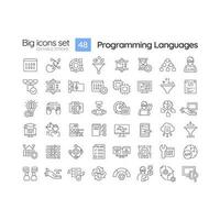 Programming languages linear icons set. Software development. Machine learning. Artificial intelligence. Customizable thin line symbols. Isolated vector outline illustrations. Editable stroke