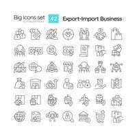 Export import business linear icons set. International trade. Global logistics. Air cargo. Freight forwarding. Customizable thin line symbols. Isolated vector outline illustrations. Editable stroke