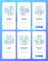 Global citizenship blue gradient onboarding mobile app screen set. GCED walkthrough 3 steps graphic instructions with linear concepts. UI, UX, GUI templated vector