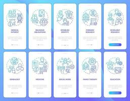 Family tree usage blue gradient onboarding mobile app screen set. Walkthrough 5 steps graphic instructions with linear concepts. UI, UX, GUI templated vector