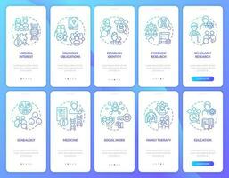 Family tree usage blue gradient onboarding mobile app screen set. Walkthrough 5 steps graphic instructions with linear concepts. UI, UX, GUI templated vector