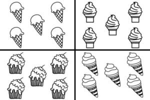 Hand drawn ice cream set linear illustration isolated on white background. Set of vector seamless patterns with ice cream