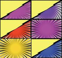 Comic book colorful frames background with halftone rays radial and dotted effects pop art style vector