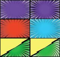 Comic book colorful frames background with halftone rays radial and dotted effects pop art style vector