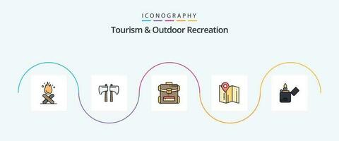 turismo y al aire libre recreación línea lleno plano 5 5 icono paquete incluso encendedor. hotel. bolso . alfiler. ubicación vector