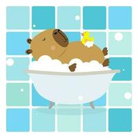 Cute Capybara in a the bath. Funny animal character takes a bath. Capybara swims with a yellow duck vector