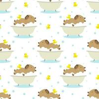Cute Capybara in a the bath. Capybara swims with a yellow duck. Cute seamless pattern vector