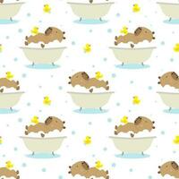 Cute Capybara in a the bath. Capybara swims with a yellow duck. Cute seamless pattern vector