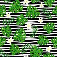 Bright tropical seamless pattern with exotic leaves and flowers. Summer pattern on striped background vector