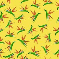 Seamless pattern of colorful strelitzia. Vector exotic flowers of a paradise bird isolated on yellow background.