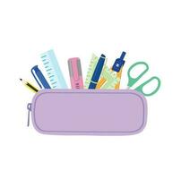 Pencil case with school supplies flat vector in pastel color. Element for back to school concept. Pencil case illustration isolated on white background.