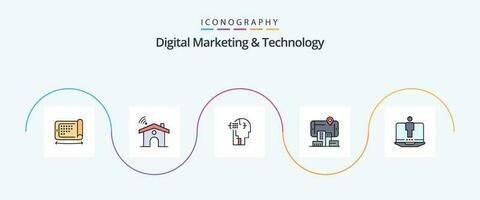 digital márketing y tecnología línea lleno plano 5 5 icono paquete incluso computadora. aumentado artificial tecnología. realidad vector