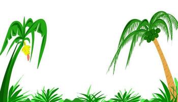 The background illustration with a tropical theme has images of banana pounds, coconut trees vector