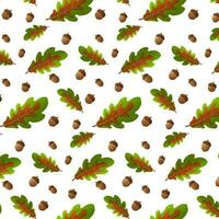 Seamless pattern oak leaves and acorns. Autumn vector object isolated on white. Cartoon fallen foliage, design element, sign or symbol. Vector illustration