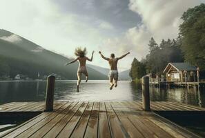 Couple enjoyng the lake - generative AI photo