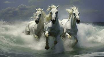 blanco caballos en el agua - generativo ai foto