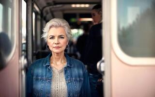 beautiful woman standing inside public bus transport, generative AI photo